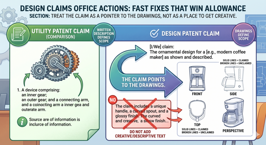 A design patent claim is usually short, but it is not small. In a design case, the claim points to the look shown in the drawings. That is why a design Office Action often turns on whether the drawings and the claim match each other.