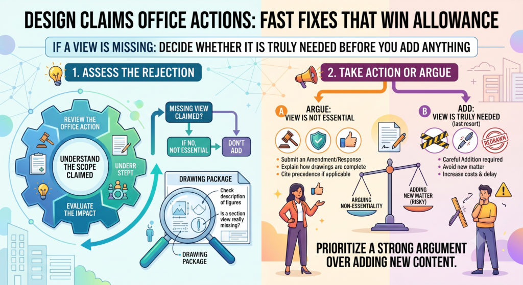 Missing-view issues can be tricky. In a design application, the drawings should show the full visual design being claimed.