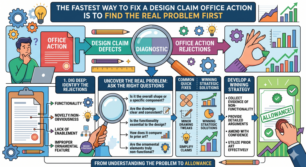 A design claim Office Action can look bigger than it really is. The examiner may use formal words, cite rules, and point to several figures at once.