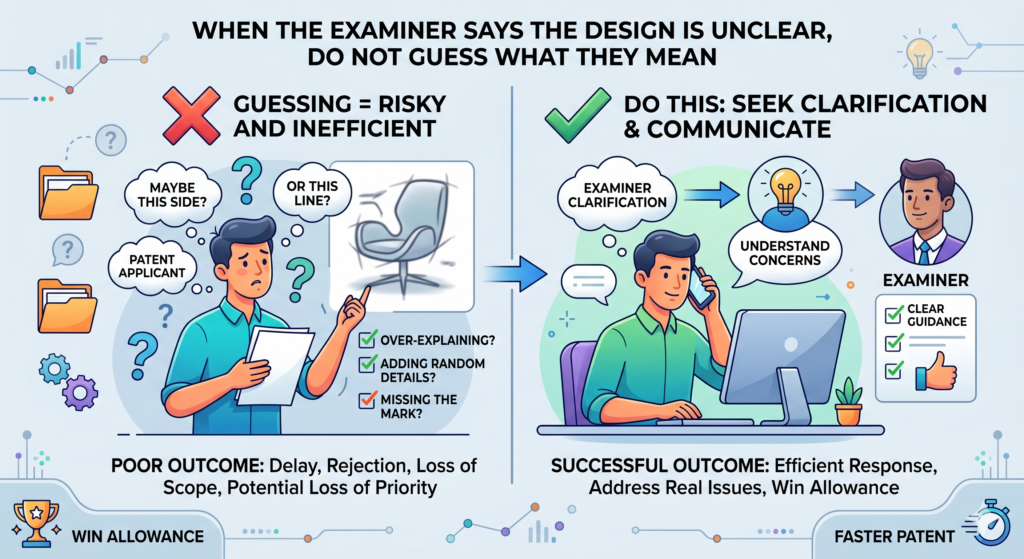 An unclear design rejection can feel vague. The examiner may say the claim is indefinite, the drawings are not clear, or the scope cannot be understood from the figures. That sounds serious, but it often points to a fixable problem in the visual record.