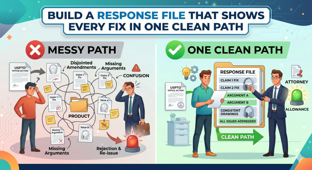 A design Office Action response should not feel scattered. The examiner should not have to jump between unclear drawings, loose comments, and messy edits to figure out what changed. A strong response creates one clean path from the examiner’s concern to your fix.